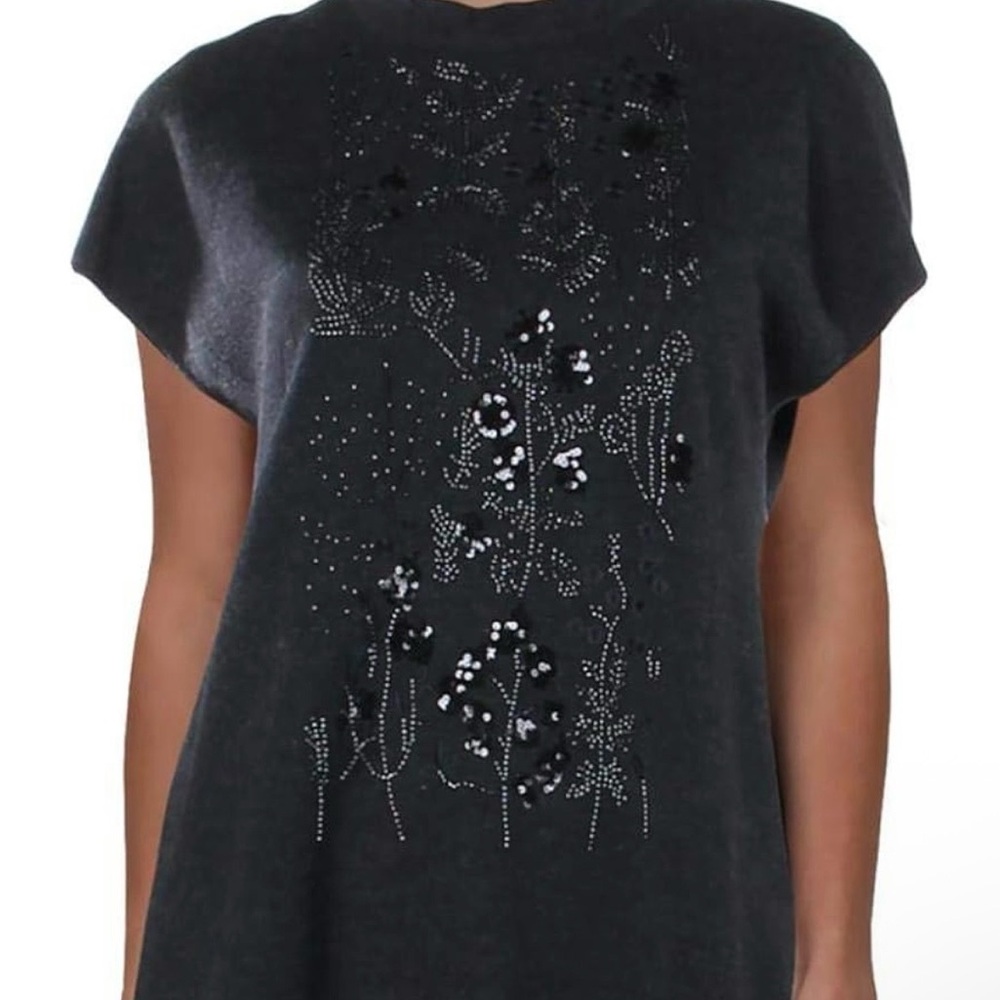 Anne Klein Black Short-Sleeve Embellished Knit Top